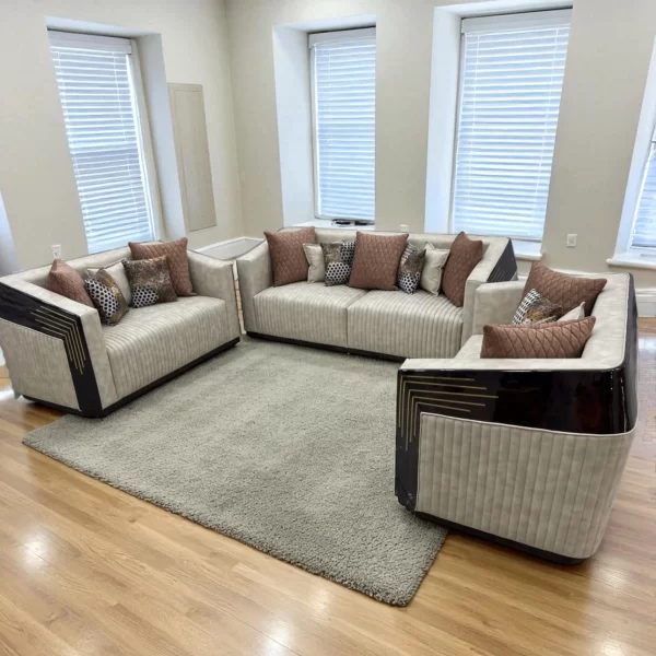 Cream Ribbed Sofa Set with Geometric Accents