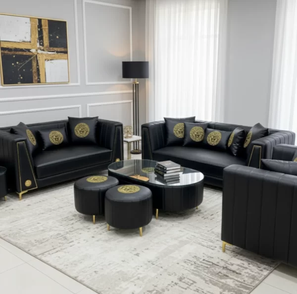 Luxurious Black Leather Sofa Set with Golden Accents