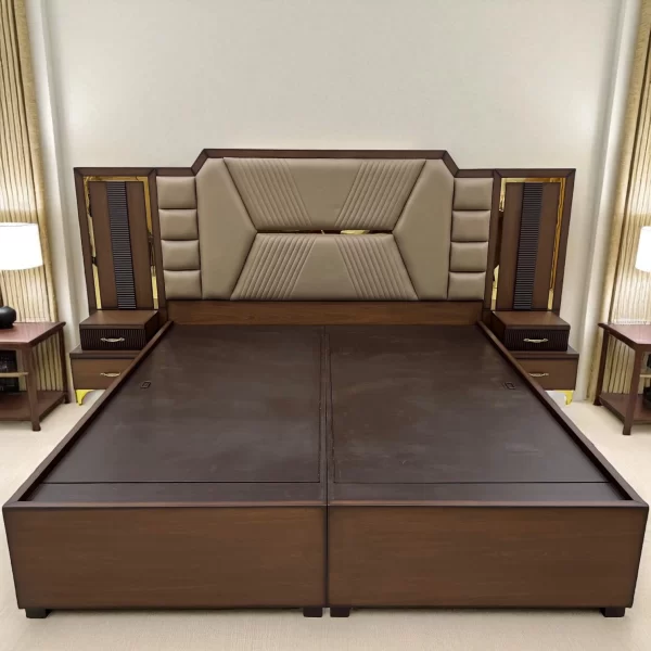 Modern Geometric Panel Bed with Integrated Nightstands