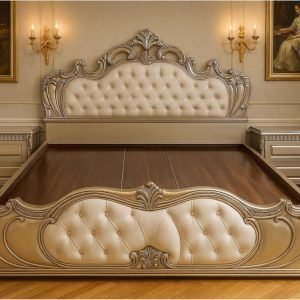 Royal Carved King Bed with Tufted Champagne Upholstery