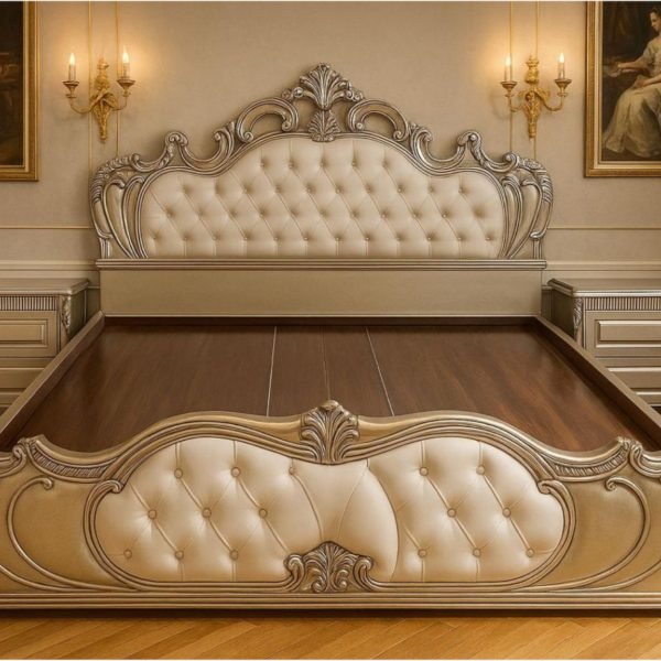 Royal Carved King Bed with Tufted Champagne Upholstery