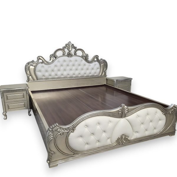 Royal Carved King Bed with Tufted Champagne Upholstery - Image 4