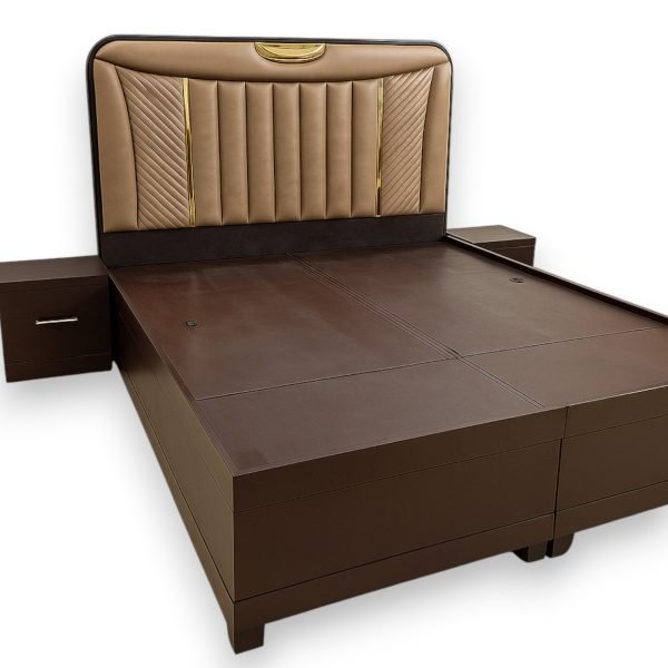 Queen Bed with Tan Upholstery and Gold Accents - Image 2