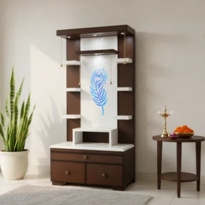 Modern Wooden Home Temple with LED Backlit Feather Design