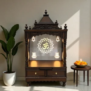 Traditional Wooden Temple with Carved Dome and Om Backlighting