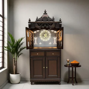 Traditional Wooden Temple with Om-Surya Backlight and Cabinet Storage