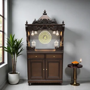 Traditional Carved Wooden Temple with Om Backlight and Base Cabinet