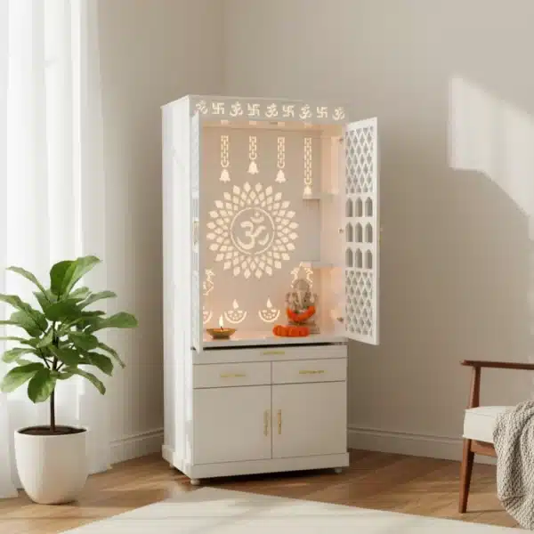 Luminous White Pooja Unit with Intricate Cutouts