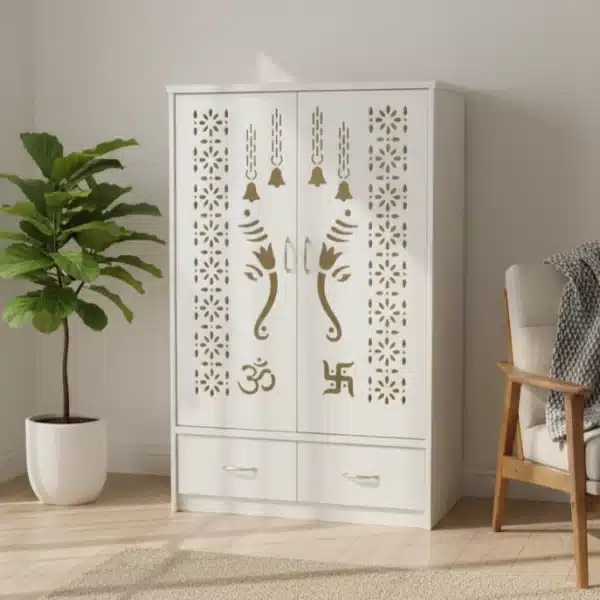 Tall White Cabinet Mandir with Ganesha & Floral Cutouts