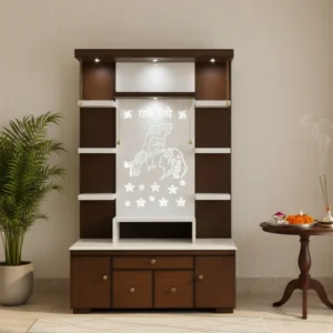 Modern Wooden Home Temple with LED Backlit Radha Krishna Design