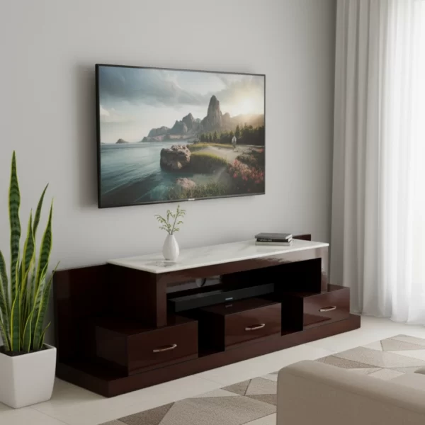 Sleek High-Gloss TV Stand with Marble Top