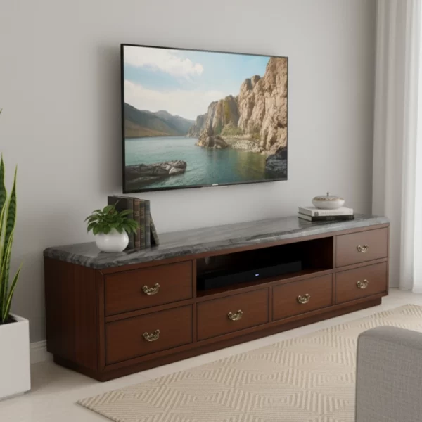 Classic Walnut Media Console with Dark Marble Top