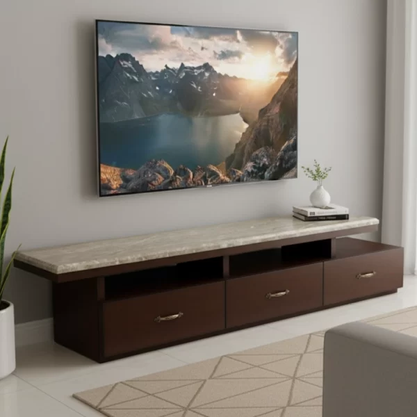 Floating Modern Media Console with Cream Marble Top