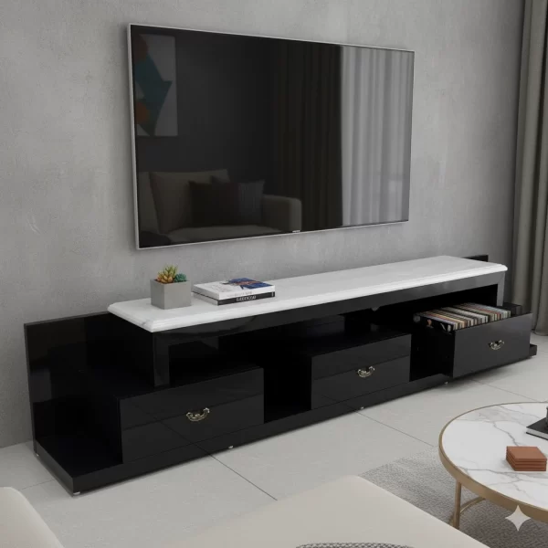 Gloss Black Floating Media Console with White Marble