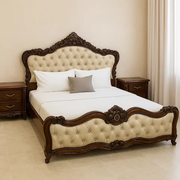 Grand European Style Tufted Bed with Ornate Carvings