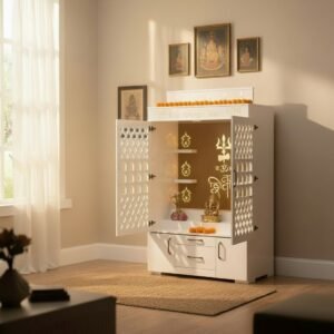 The Serene White Pooja Unit with Doors & Storage