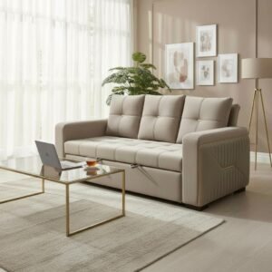 Modern Tufted Pull-Out Sofa Bed with Gold Trim