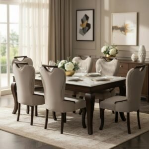 Contemporary 8-Piece Dining Set with Marble Top & Velvet Chairs