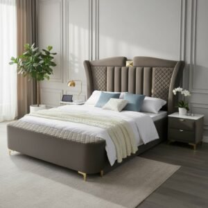 Modern Grey Upholstered Bed with Storage & Mixed Tufting