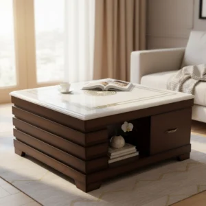 Elegant Wooden Coffee Table with Glossy Inlay Top & Storage