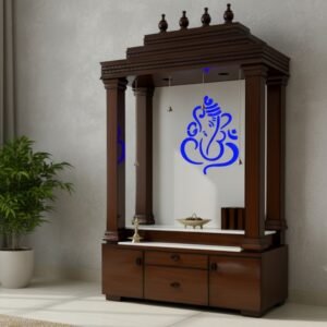 Luxury Wooden Mandir with Storage & Backlit Ganesh Design