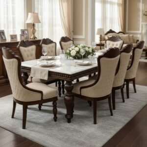 Royal 8-Seater Solid Wood Dining Set with Tufted Chairs