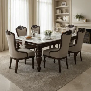 Luxury Royal 6 Seater Dining Table Set with Hand-Carved Upholstered Chairs