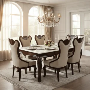 Luxury Royal 6 Seater Dining Table Set with Upholstered High-Back Chairs