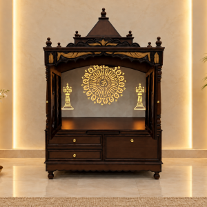 Premium Wooden Mandir with Intricate Carving & Backlit Panel