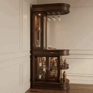 Mahogany Corner Home Bar with Glass Cabinetry