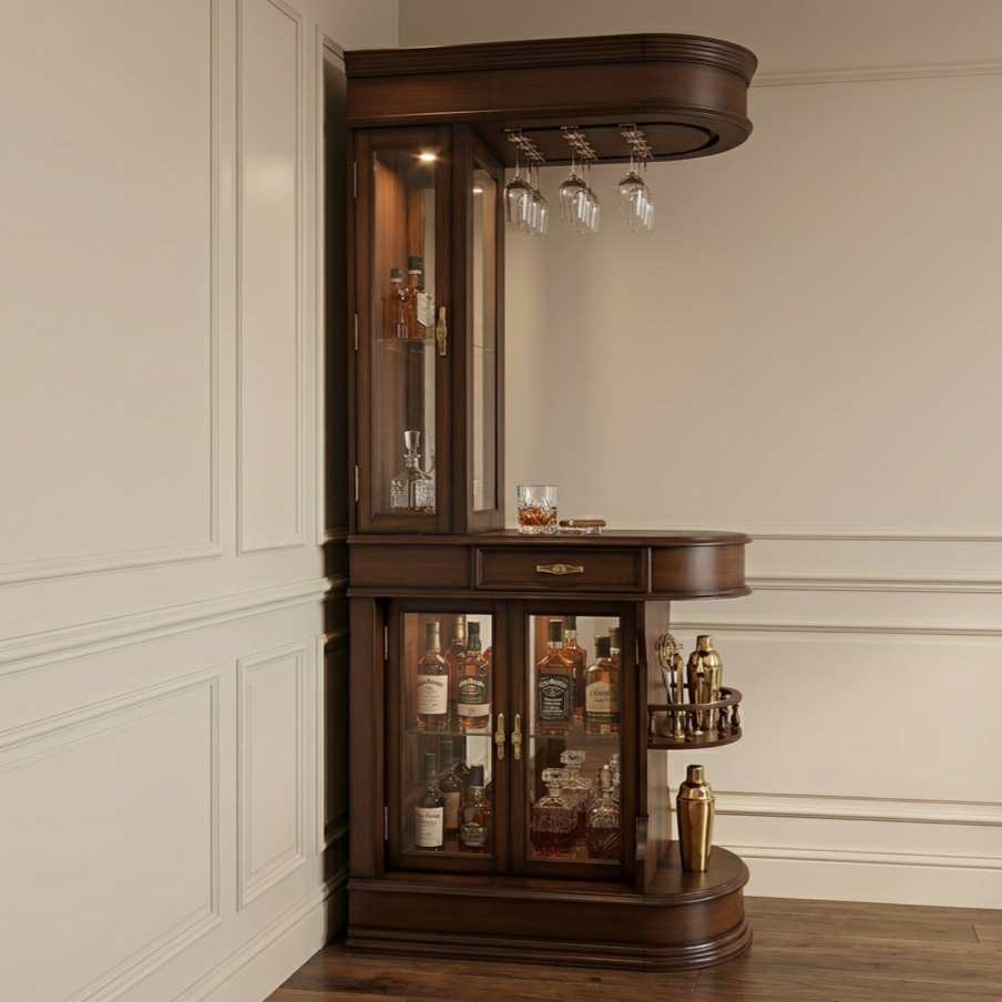 Mahogany Corner Home Bar with Glass Cabinetry