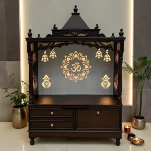 Premium Wooden Mandir with Intricate Carving & Backlit Panel